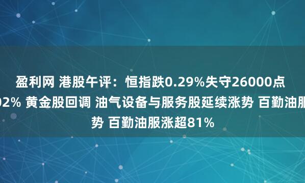 盈利网 港股午评：恒指跌0.29%失守26000点 科指跌1.02% 黄金股回调 油气设备与服务股延续涨势 百勤油服涨超81%